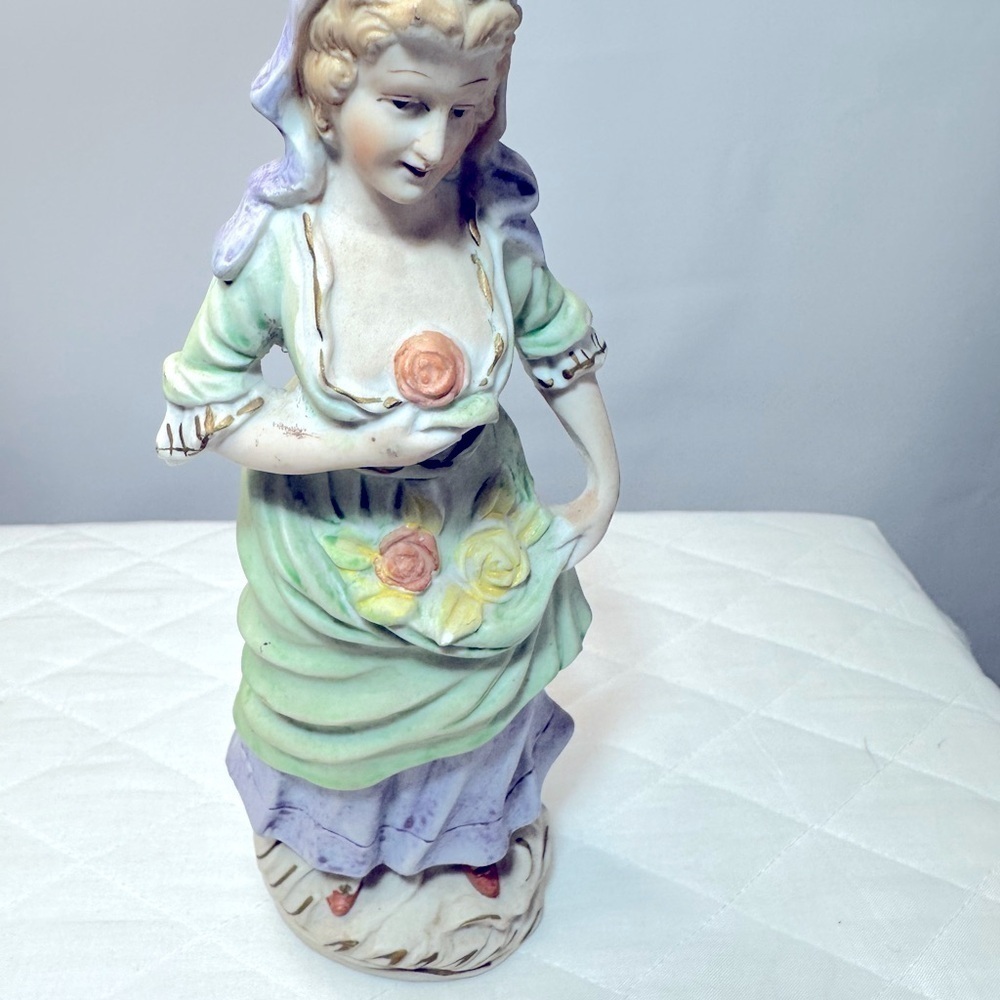 Vintage Ceramic Occupied Japan Victorian Colonial Maiden 10” Figurine W/Flowers - Picture 2 of 7